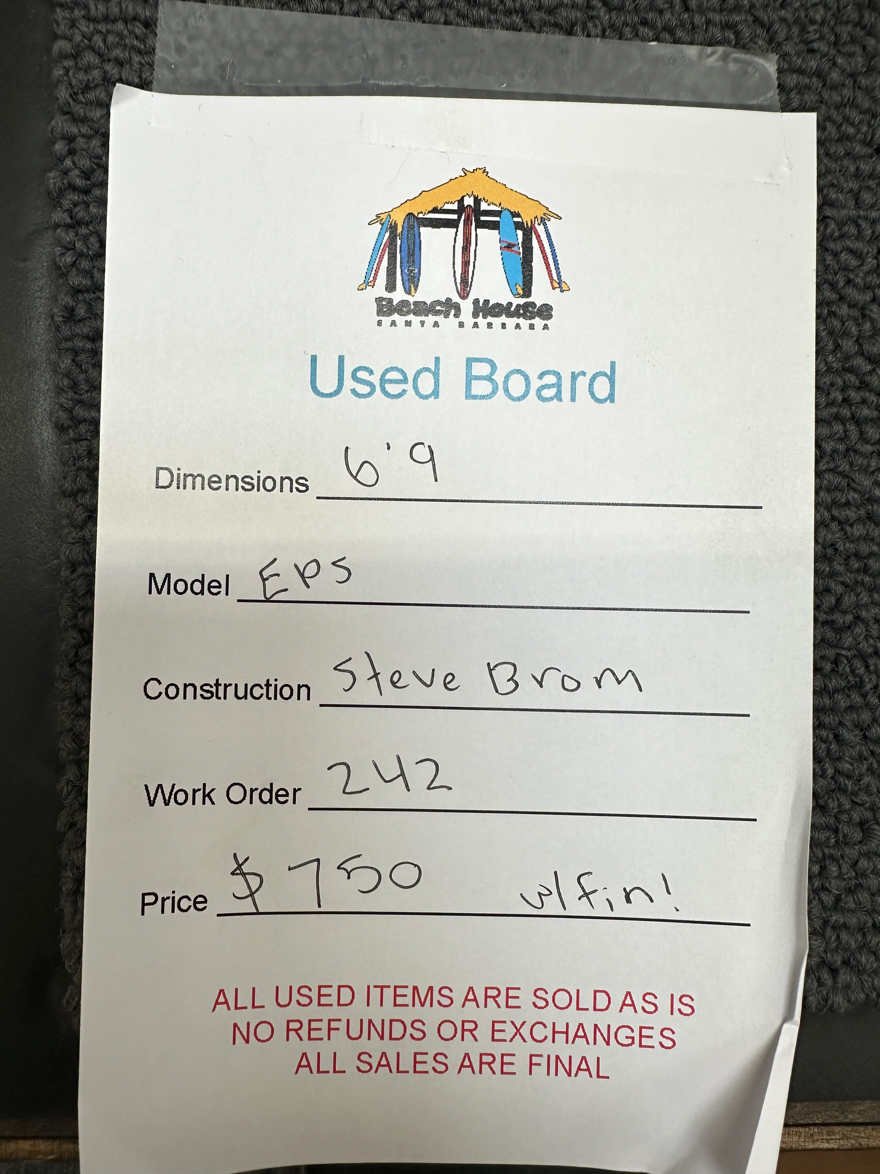 *SOLD* Steve Brom | 6'9" Single Fin - Used Surfboard - Image 3